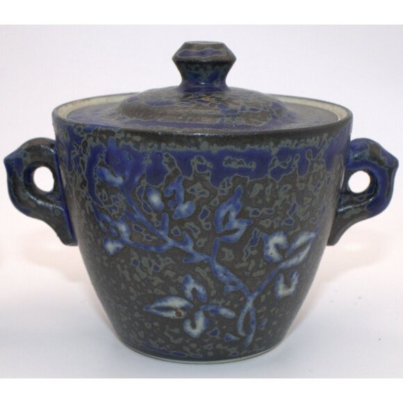 Vintage Blue Gray Studio Pottery Creamer Sugar Bowl Set Floral Glaze Signed - Picture 4 of 11